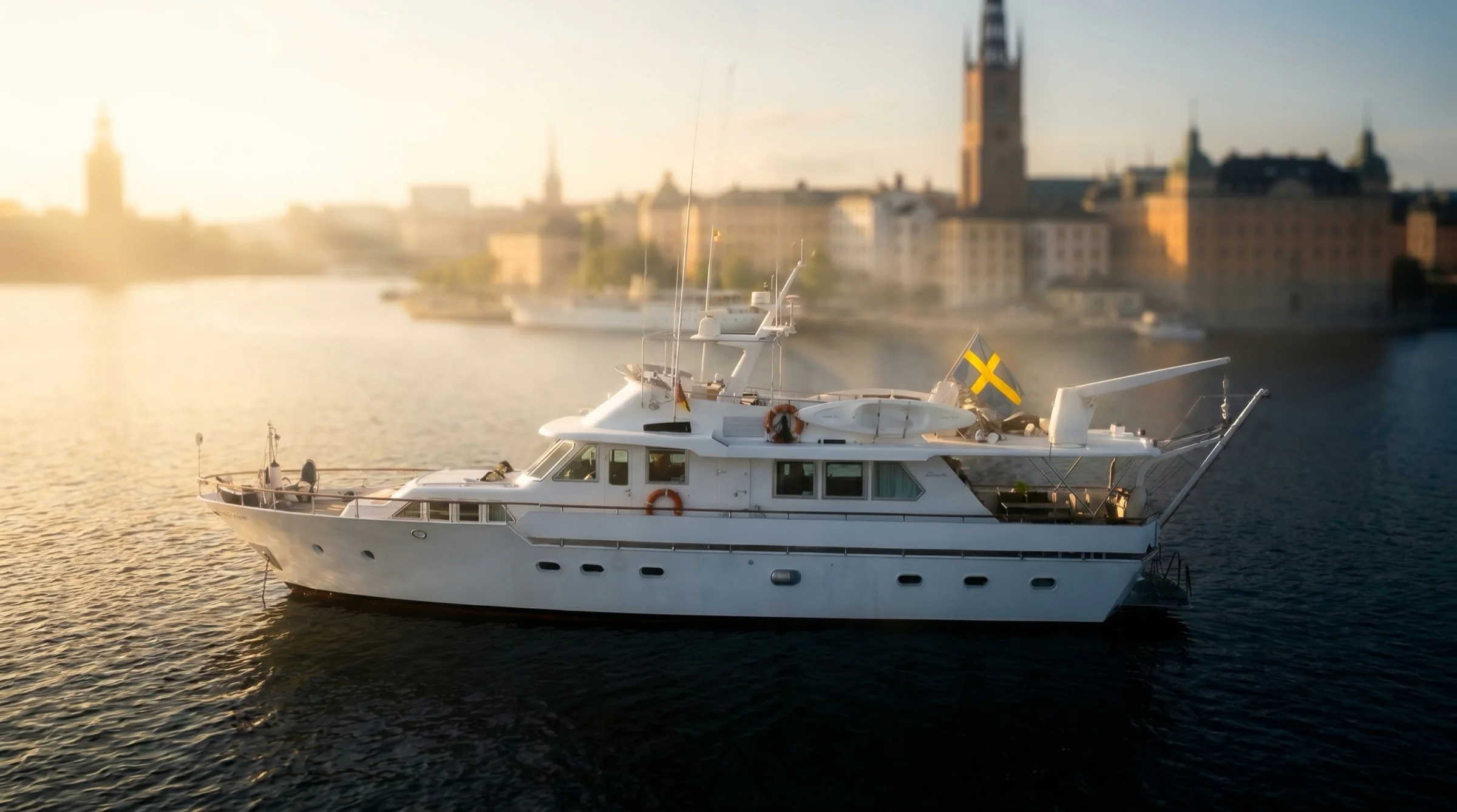 M/Y Gaia framför Riddarholmen i Stockholm vid gyllene timme